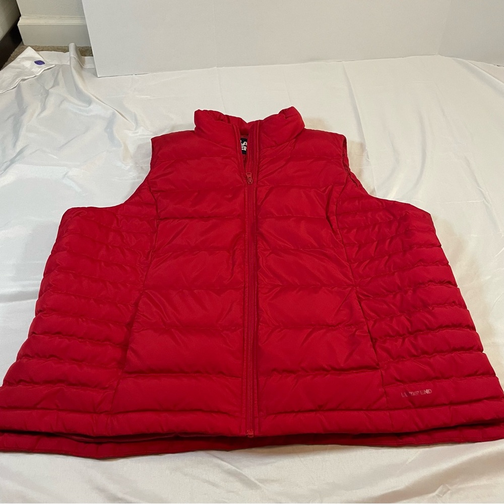 Lands End Womens 2X Red Puffer Vest Down Insulated Full Zip Quilted Mock Neck